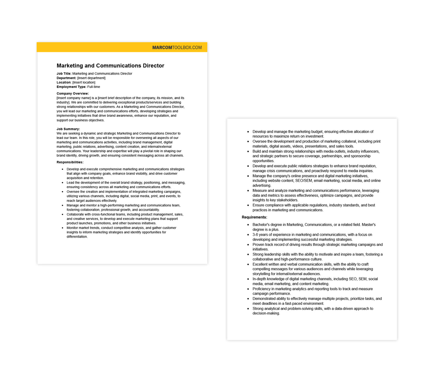 Marketing and Communications Department Job Description Template Bundle